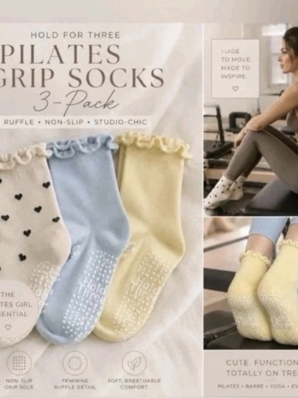 NWT Hold For Three Pilates Grip Socks 3 PK